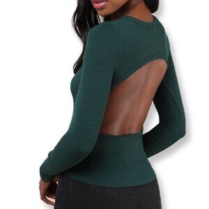 Lulus NWT Dark Green Long Sleeve Cutout Open Back Top Size Medium